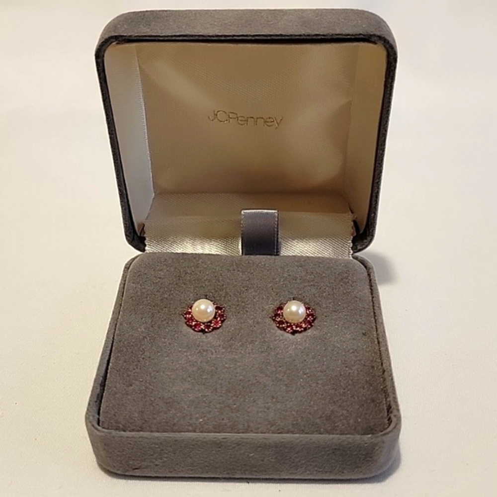14k Yellow Gold Pearl & Garnet Halo Studs - Picture 5 of 7